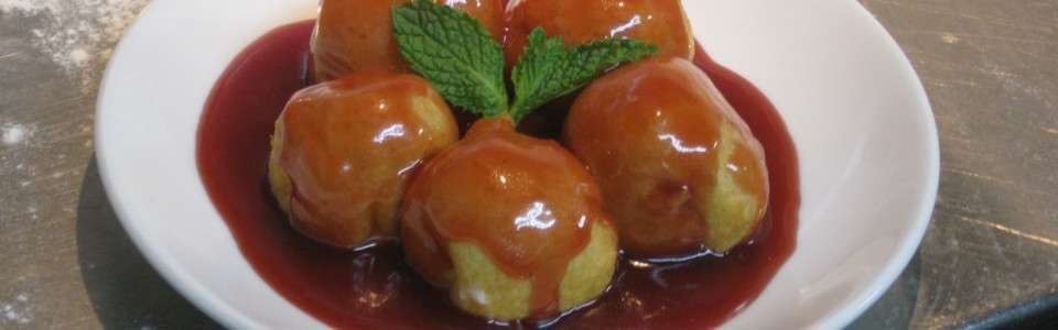 The Finer Things in Life + Ricotta mousse stuffed Greek Donuts with Caramel Raspberry Sauce