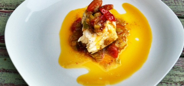 Oven Roasted Halibut with Cherry Tomatoes, Leeks & Olive Oil