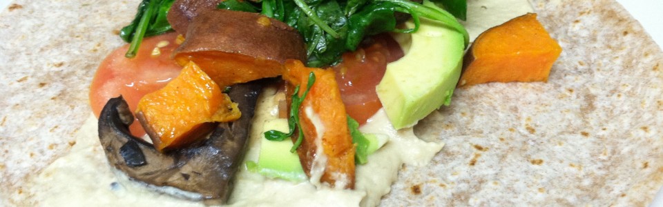 Veggie Wrap with roasted sweet potatoes, sauteed greens and babaganoush